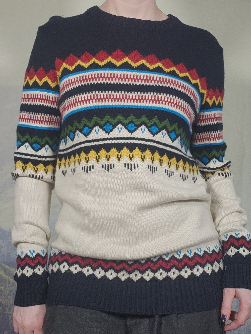 American Eagle Seriously Soft Fair Isle Sweater XS Cream Navy Yellow Red